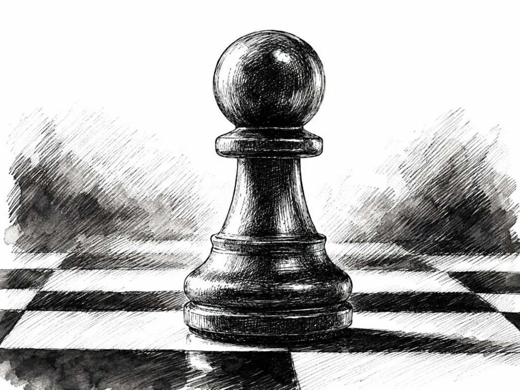 Ein einzelner Bauer auf dem Schachbrett als Symbol für praktische Entscheidungen im Schach.