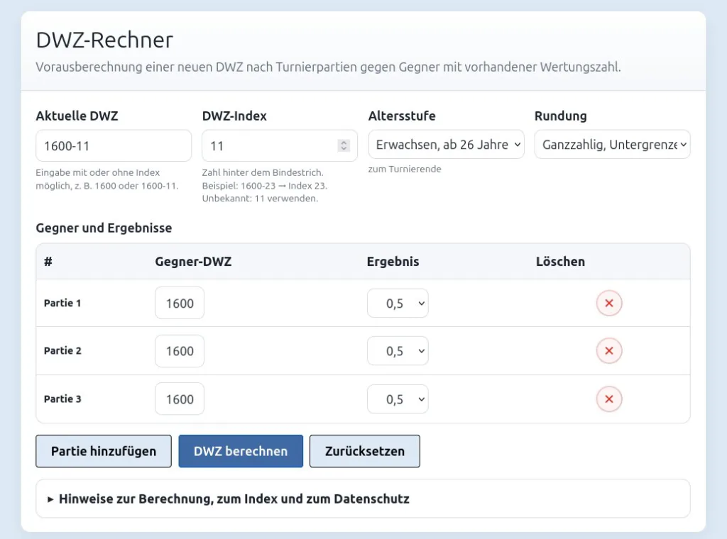 DWZ-Rechner zur Schätzung der neuen Wertungszahl nach einem Turnier (Screenshot)